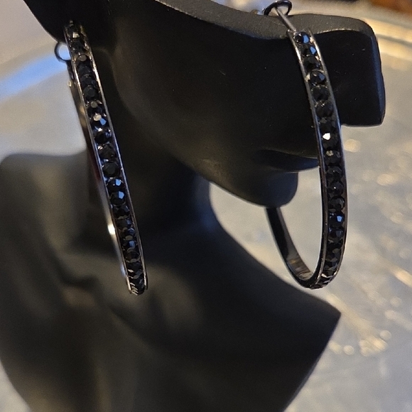 Jewelry - Black Hoop Earring with Black Crystals